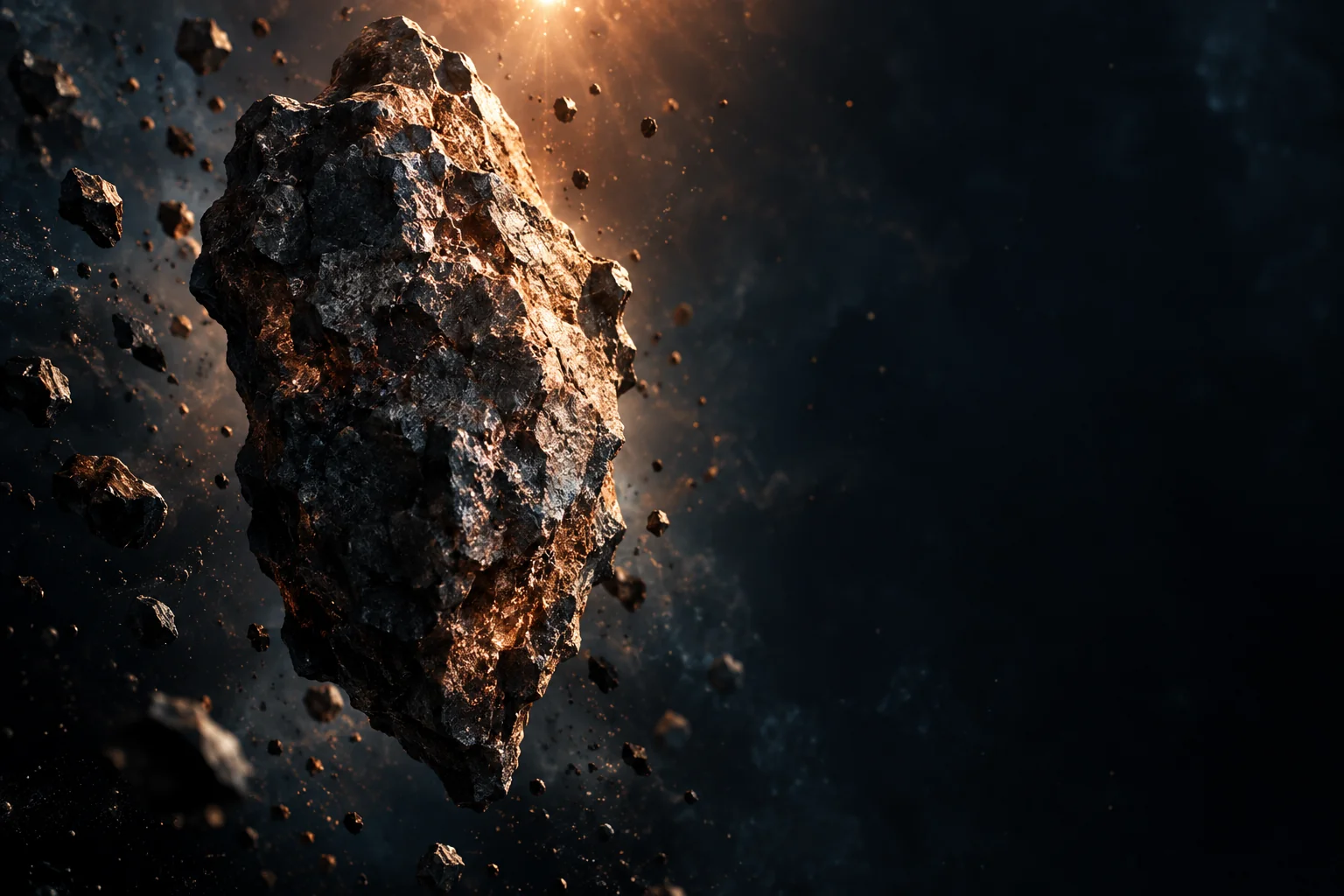 Rock fragments illuminated against a dark sky